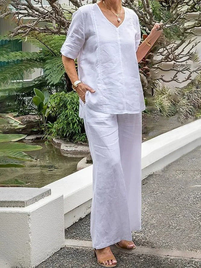 Solid Color V-neck Casual Loose Cotton-Blend Two-Piece Set
