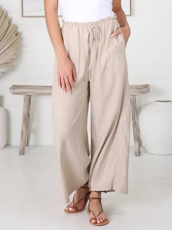 Solid Color Loose Cotton And Linen Drawstring Casual Pants