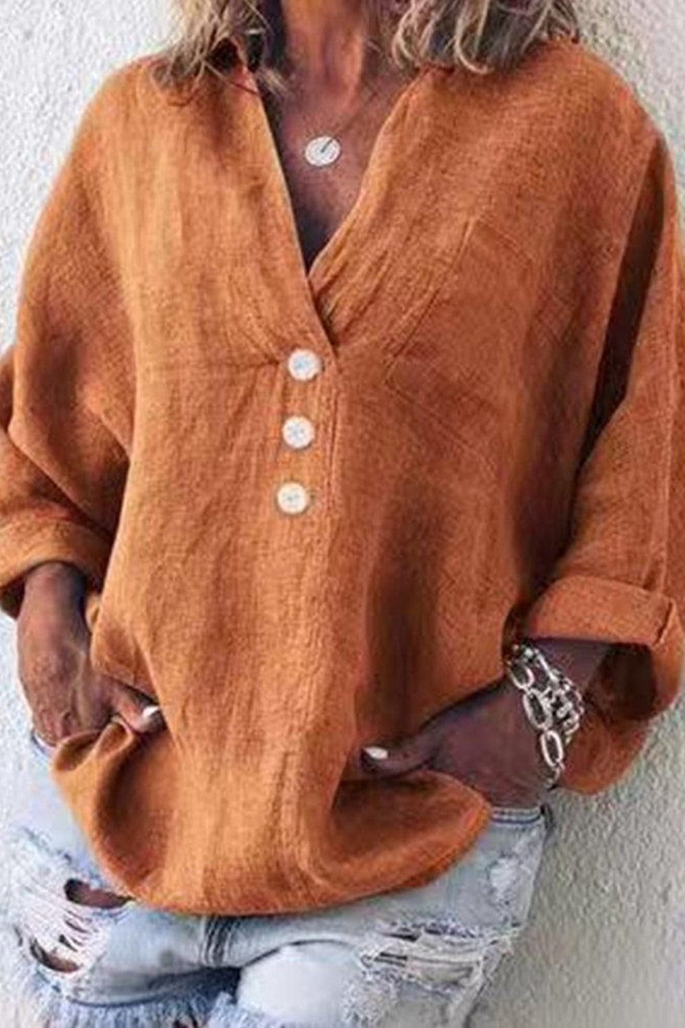 Solid Color V-neck Loose Long Sleeve Button Blouse