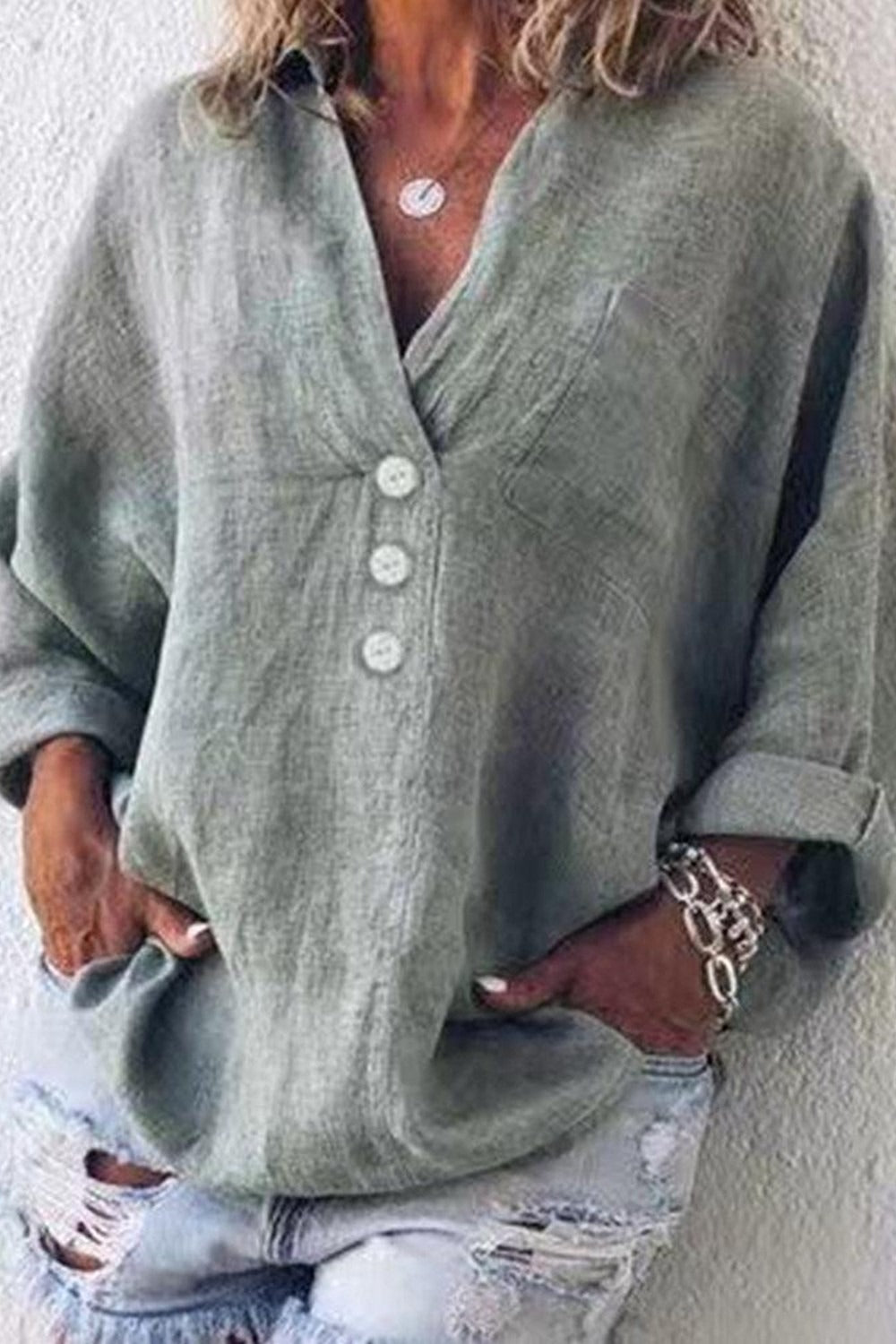 Solid Color V-neck Loose Long Sleeve Button Blouse