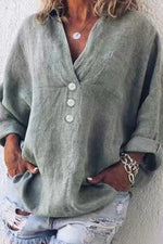 Solid Color V-neck Loose Long Sleeve Button Blouse