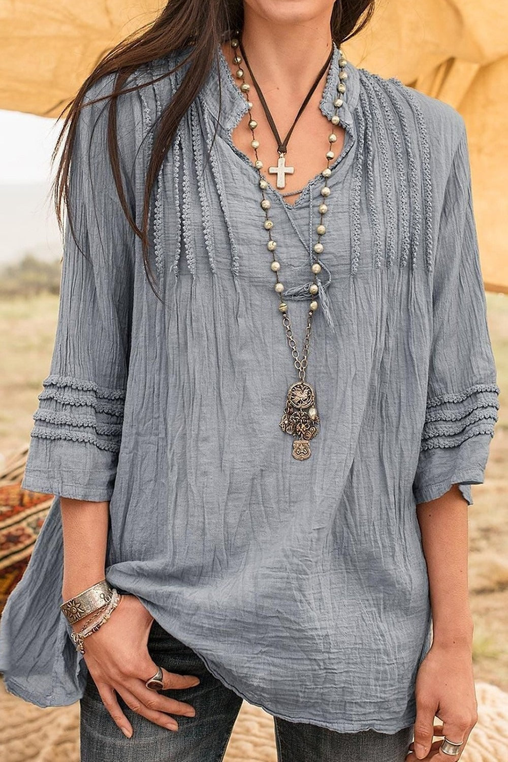 Boho Solid Stand Collar Guipure Lace Linen 3/4 Sleeves Shirt