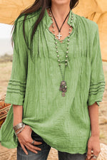 Boho Solid Stand Collar Guipure Lace Linen 3/4 Sleeves Shirt