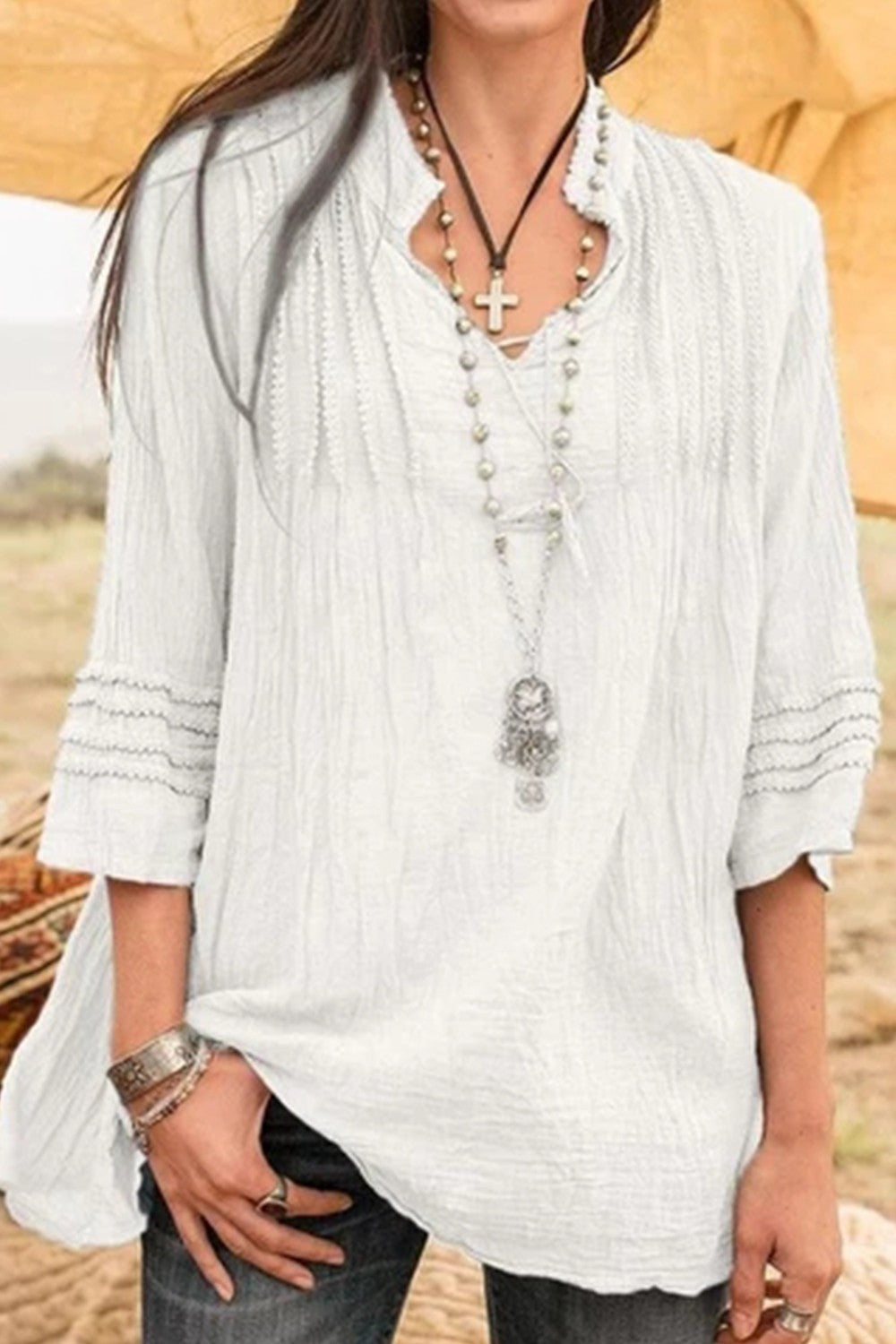 Boho Solid Stand Collar Guipure Lace Linen 3/4 Sleeves Shirt