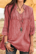 Boho Solid Stand Collar Guipure Lace Linen 3/4 Sleeves Shirt