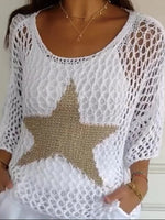 Star Print Crew Neck 3/4 Sleeves Comfy Casual Loose Sweater