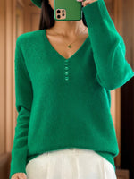 Casual Plain Long Sleeve V Neck Wool/Knitting Buckle Sweater