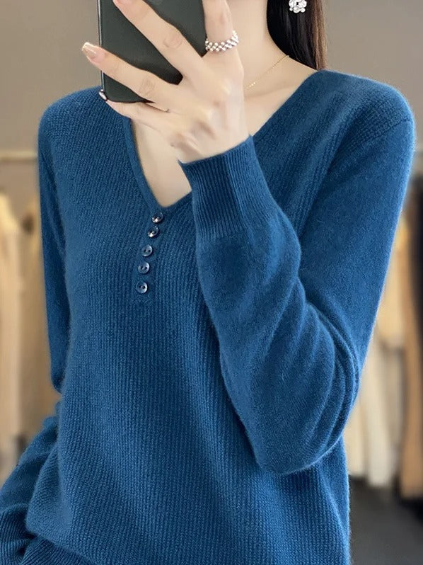 Casual Plain Long Sleeve V Neck Wool/Knitting Buckle Sweater