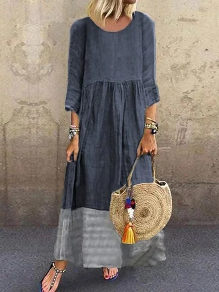Casual Loose Plain Crew Neck 3/4 Sleeves Linen Paneled Weaving Maxi Dress