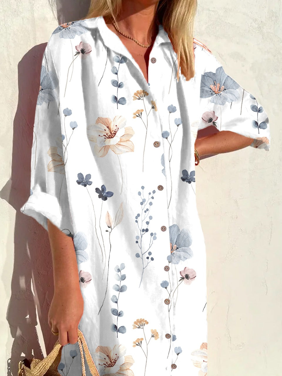 Casual Floral Loose Shirt Collar 3/4 Sleeves Shirt Midi Dress