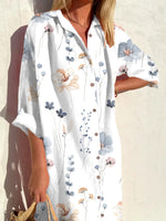 Casual Floral Loose Shirt Collar 3/4 Sleeves Shirt Midi Dress