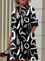 Casual Abstract Print Shirt Collar Half Sleeve Pocket H-line Midi Dress