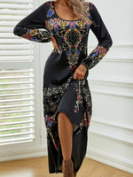 Ethnic Vintage Casual Crew Neck Long Sleeve Lightweight H-line Daily Maxi Dress