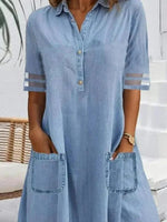 Women's Half Sleeve Summer Plain Denim Dress with Pocket and Shirt Collar Daily Casual Midi H Line Blue