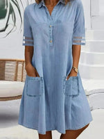 Women's Half Sleeve Summer Plain Denim Dress with Pocket and Shirt Collar Daily Casual Midi H Line Blue