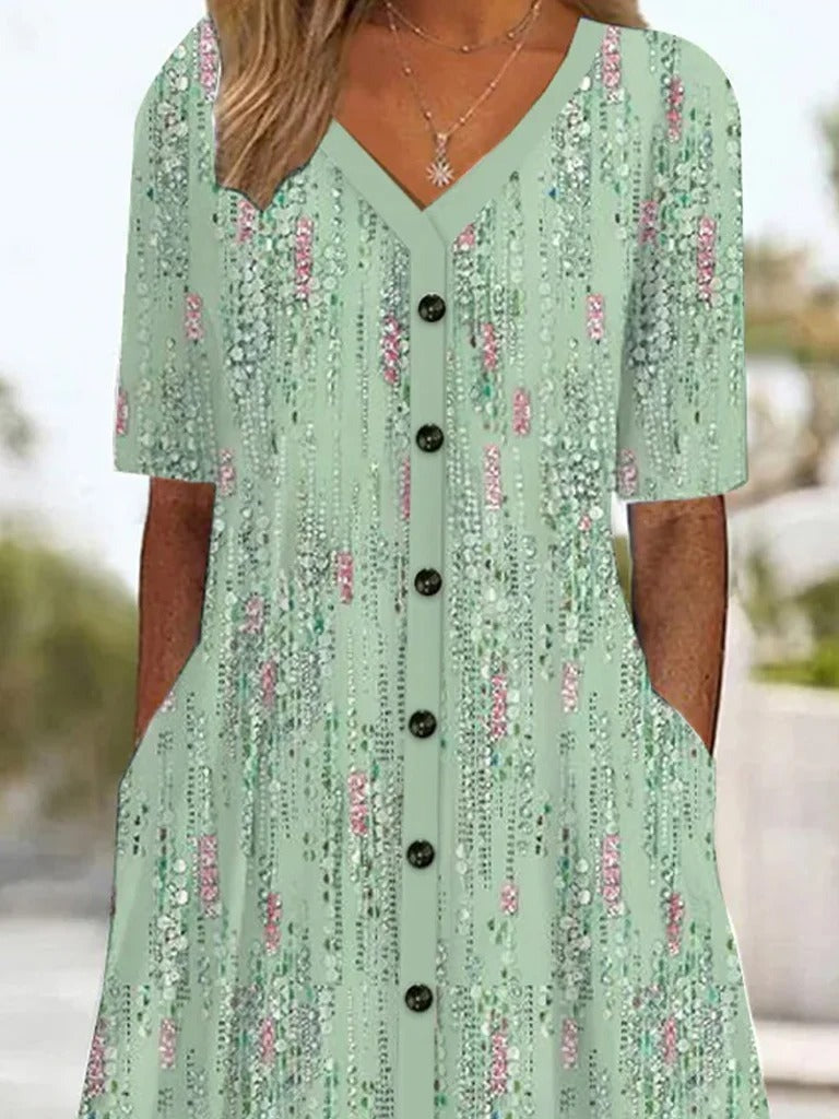 Damen Sommerkleid mit kurzen Ärmeln, Blumenmuster, V-Ausschnitt, Midi-Länge, lässig, A-Linie, Grün