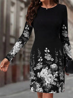 Long Sleeve Spring Fall Floral Crew Neck Midi H-Line Dress