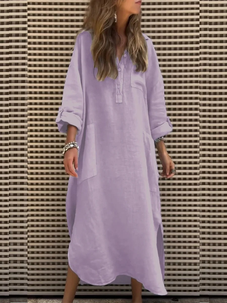 Long Sleeve Spring Fall Plain Buckle Shirt Collar Midi H-Line Dress