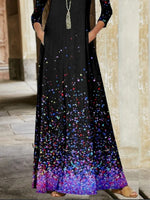 Ombre Crew Neck Long Sleeve Comfy Casual Pocket Stitching Maxi Dress