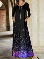 Ombre Crew Neck Long Sleeve Comfy Casual Pocket Stitching Maxi Dress