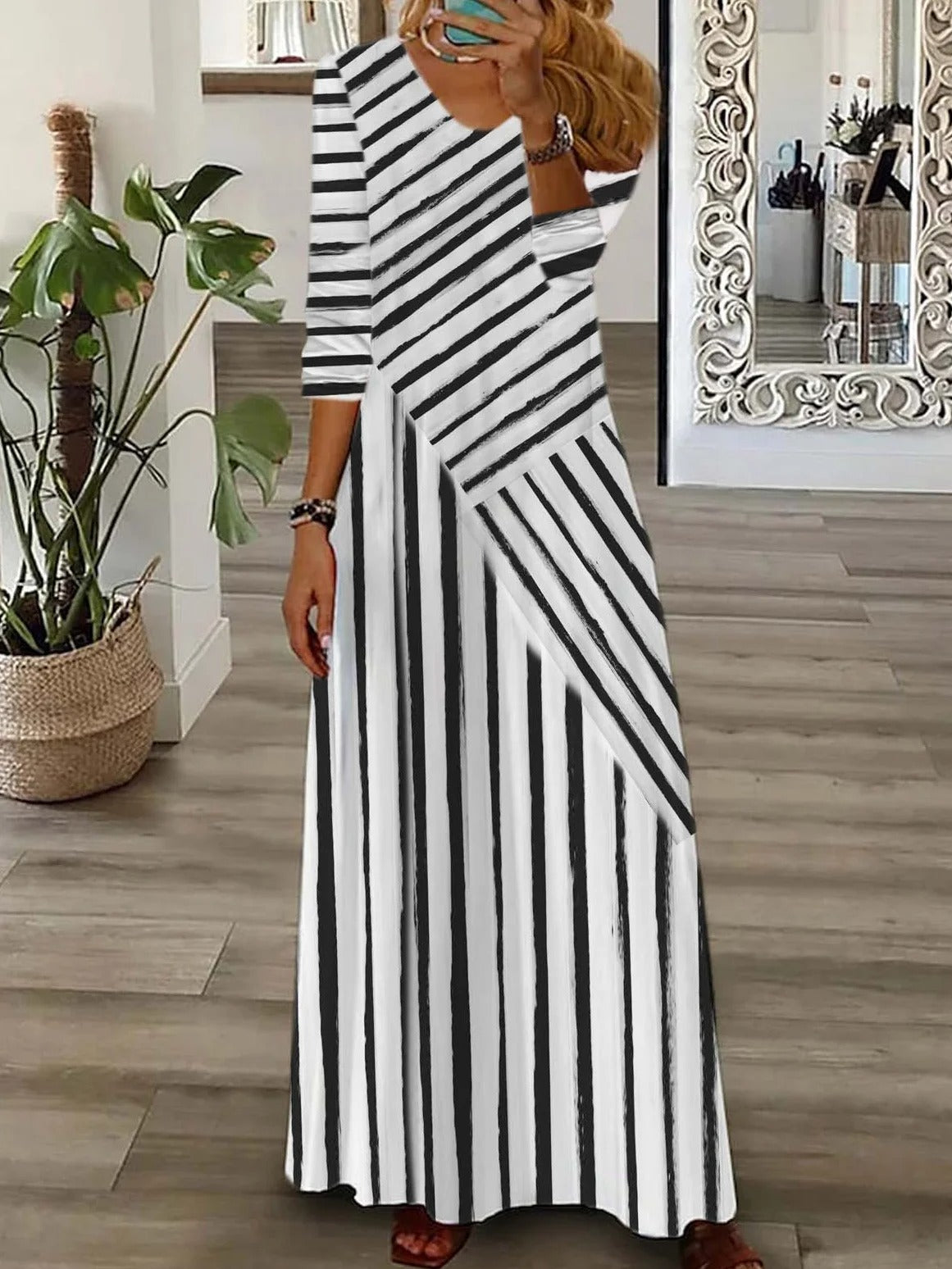 Women's Stripe V Neck Long Sleeve Comfy Casual Maxi Dress