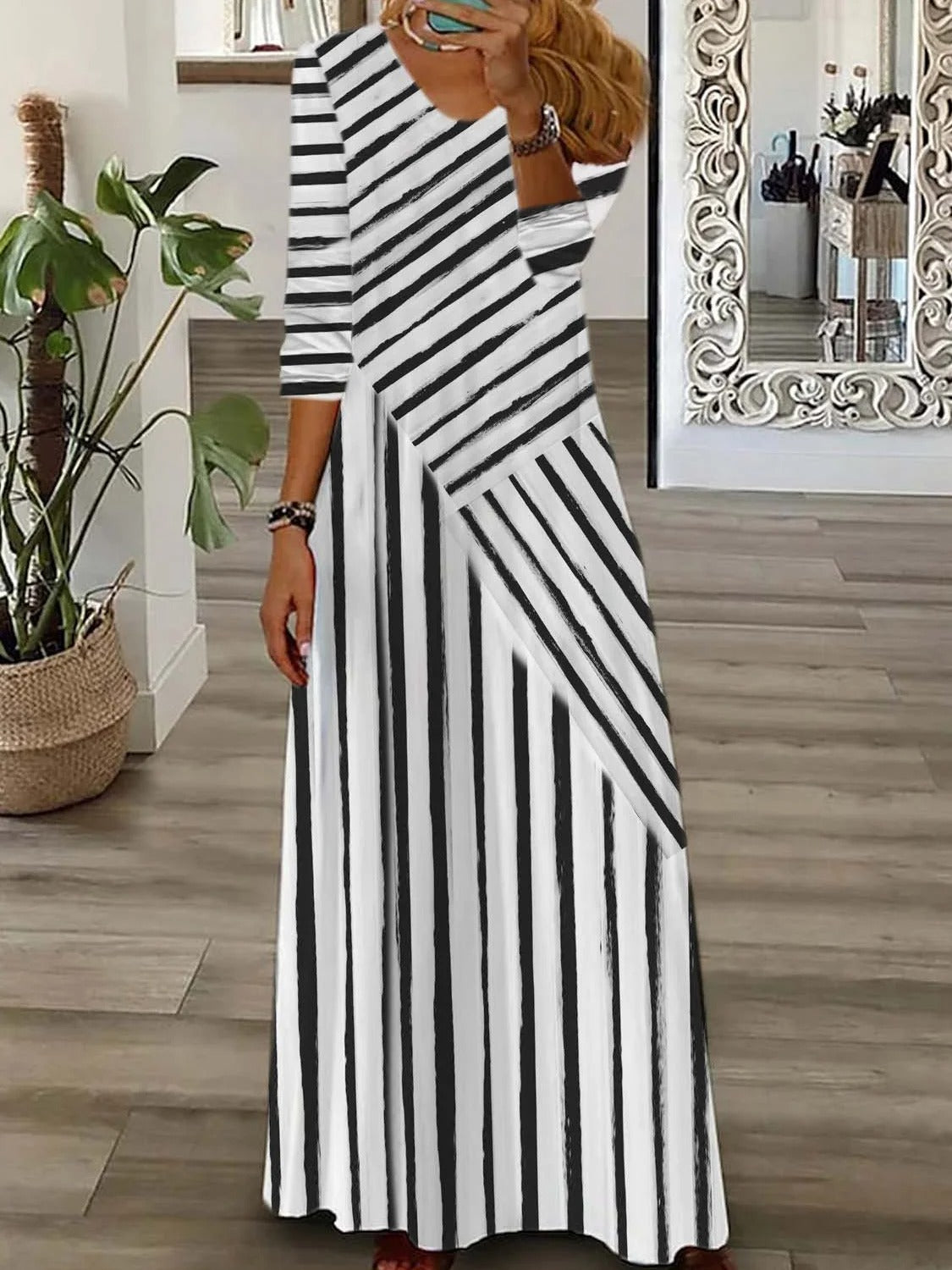 Women's Stripe V Neck Long Sleeve Comfy Casual Maxi Dress