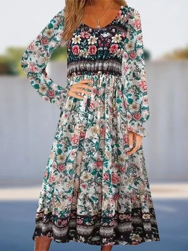 Floral Crew Neck Long Sleeve Comfy Casual Mini Dress