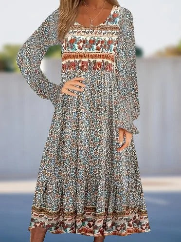 Floral Crew Neck Long Sleeve Comfy Casual Mini Dress