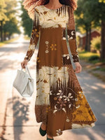 Geometric Crew Neck Long Sleeve Comfy Casual Maxi Dress