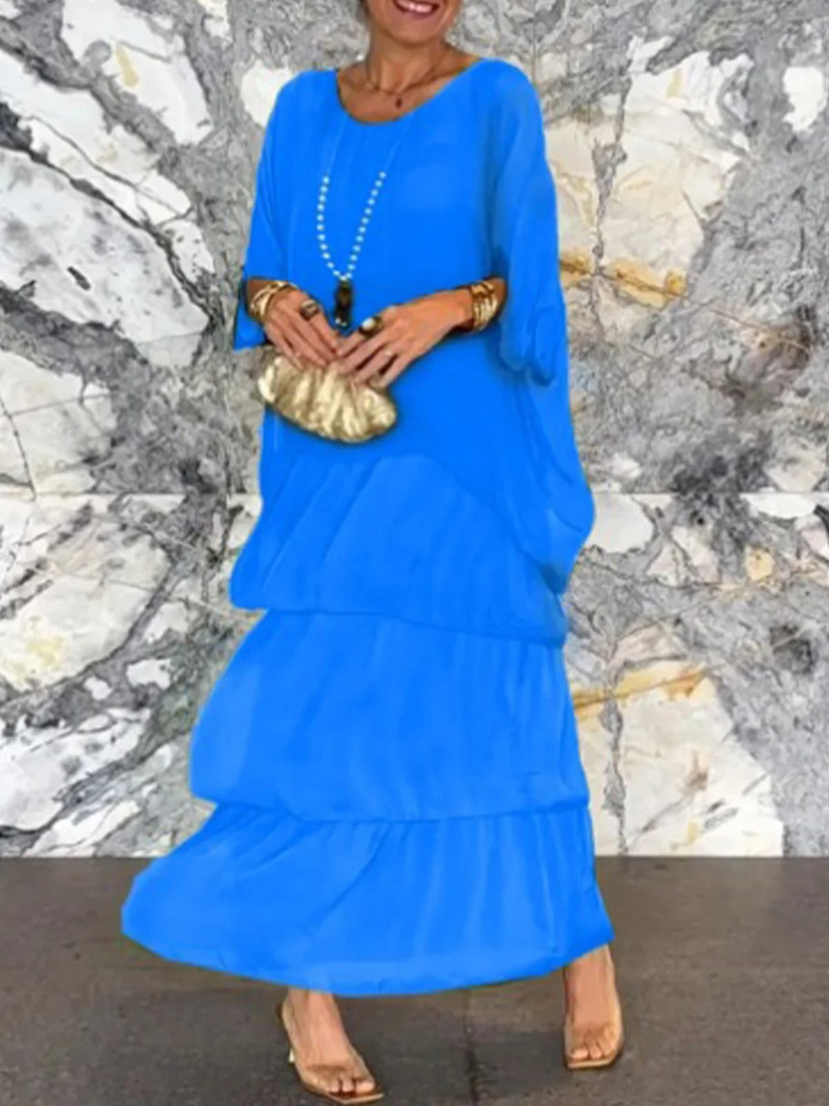 Plain V Neck Three Quarter Sleeve Comfy Casual Midi Dress