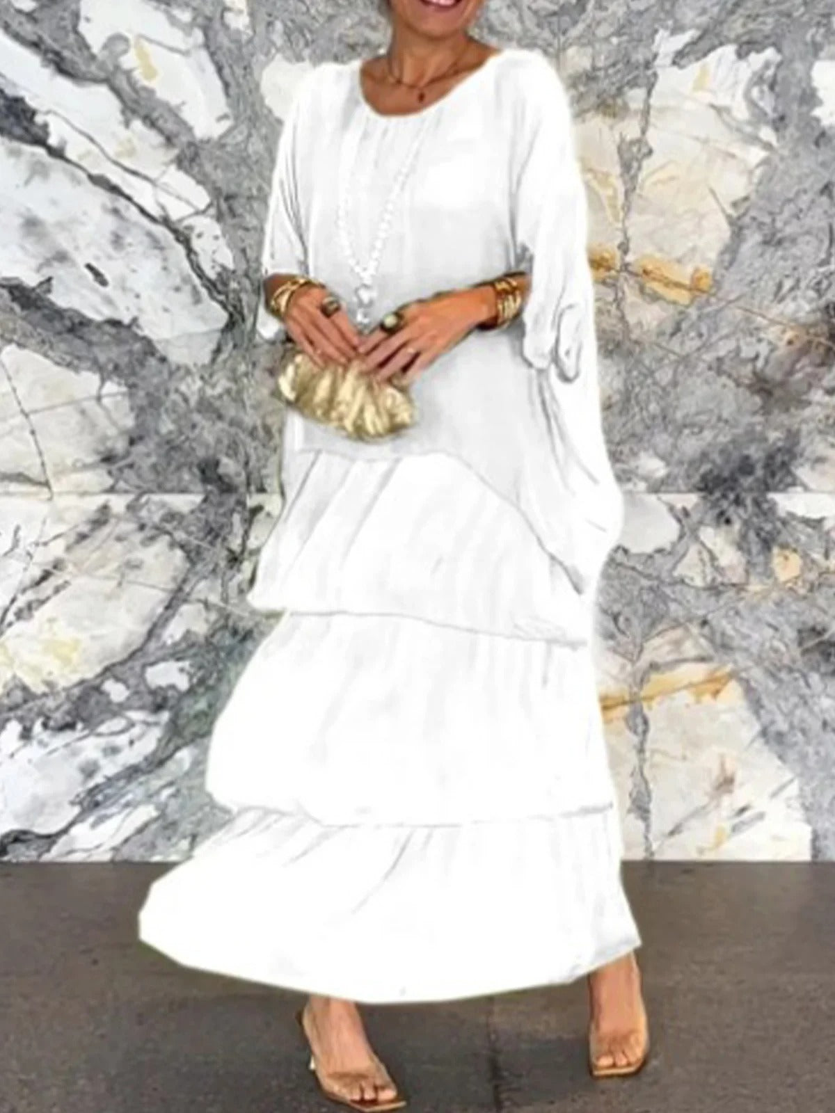 Plain V Neck Three Quarter Sleeve Comfy Casual Midi Dress