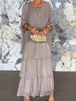 Plain V Neck Three Quarter Sleeve Comfy Casual Midi Dress