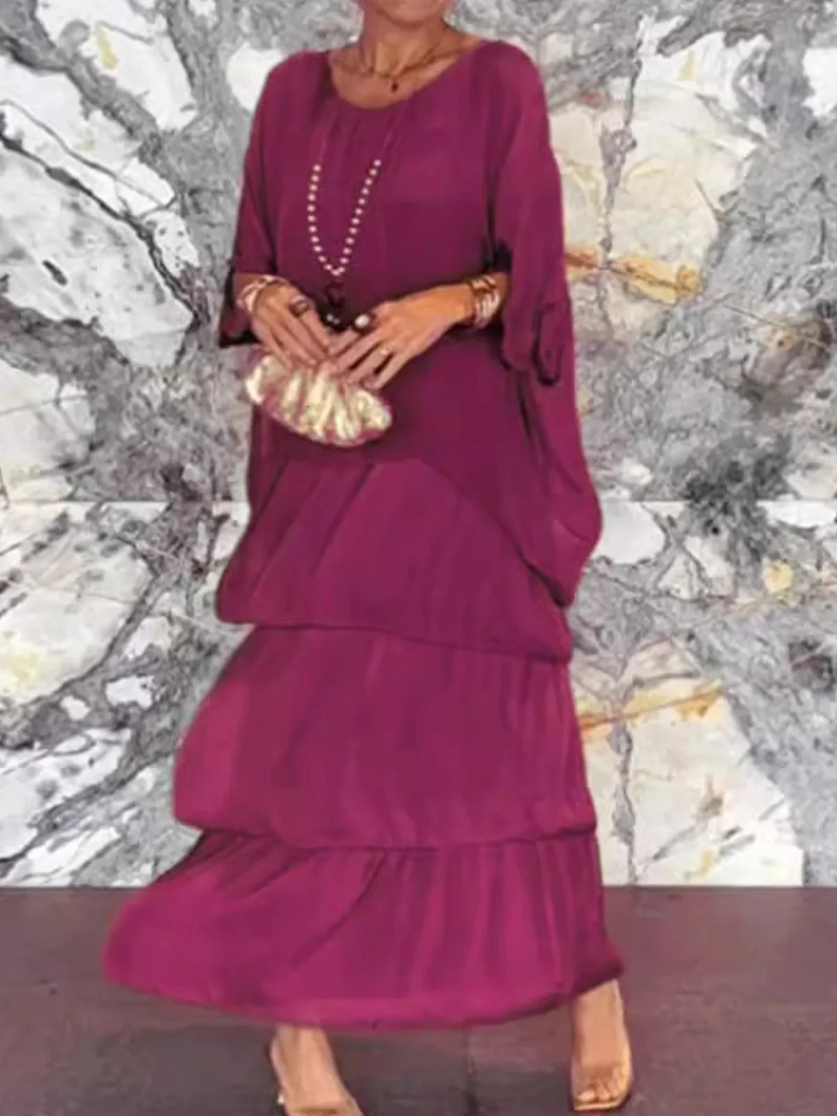 Plain V Neck Three Quarter Sleeve Comfy Casual Midi Dress