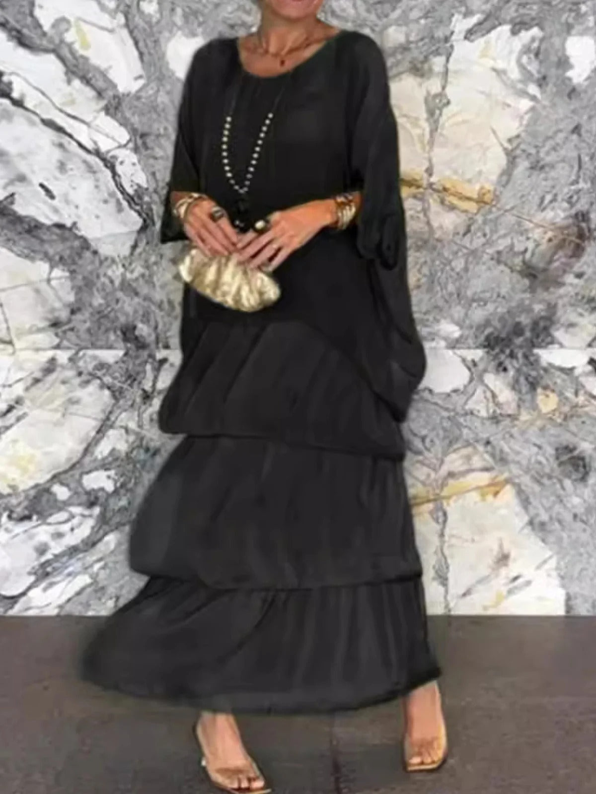 Plain V Neck Three Quarter Sleeve Comfy Casual Midi Dress