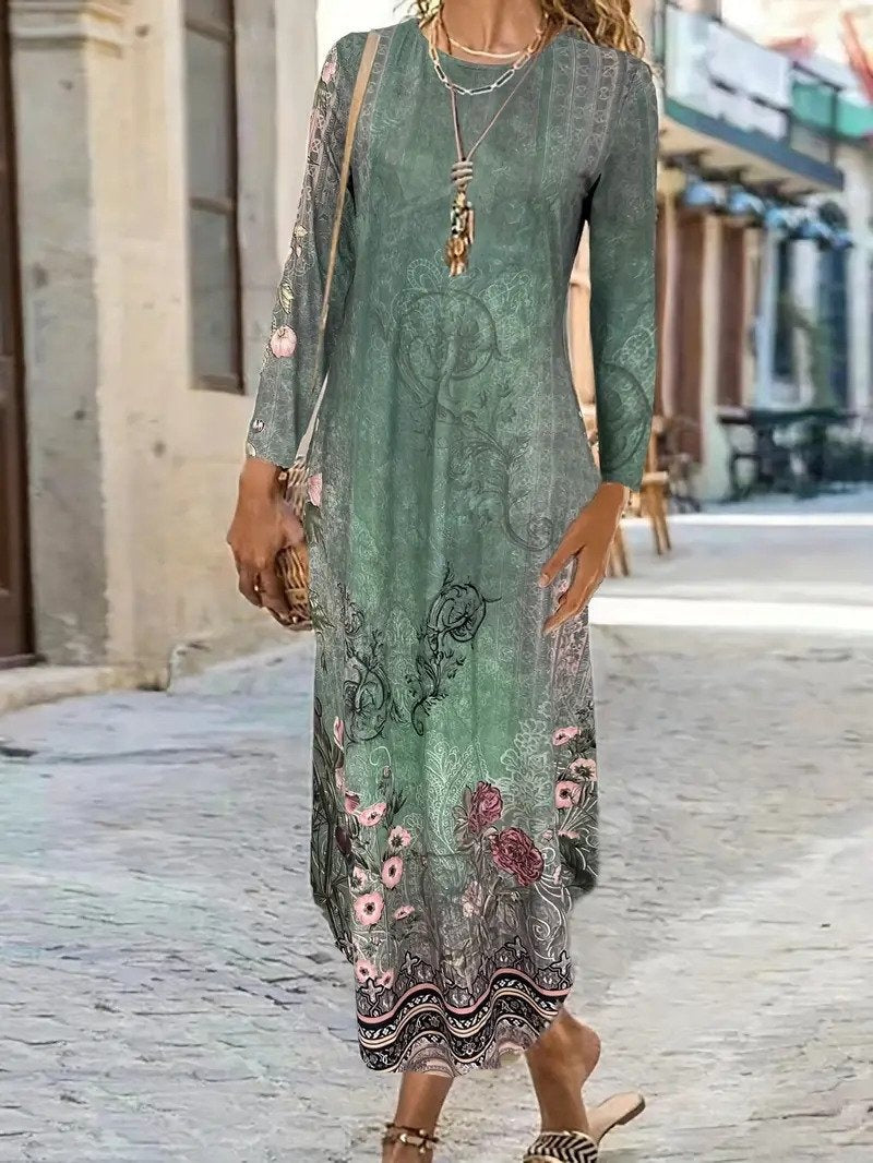 Geometric Long Sleeve Comfy Casual Maxi Dress