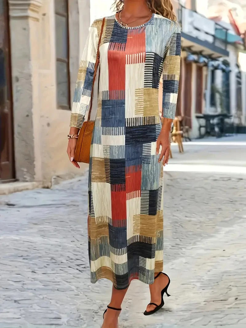Geometric Long Sleeve Comfy Casual Maxi Dress
