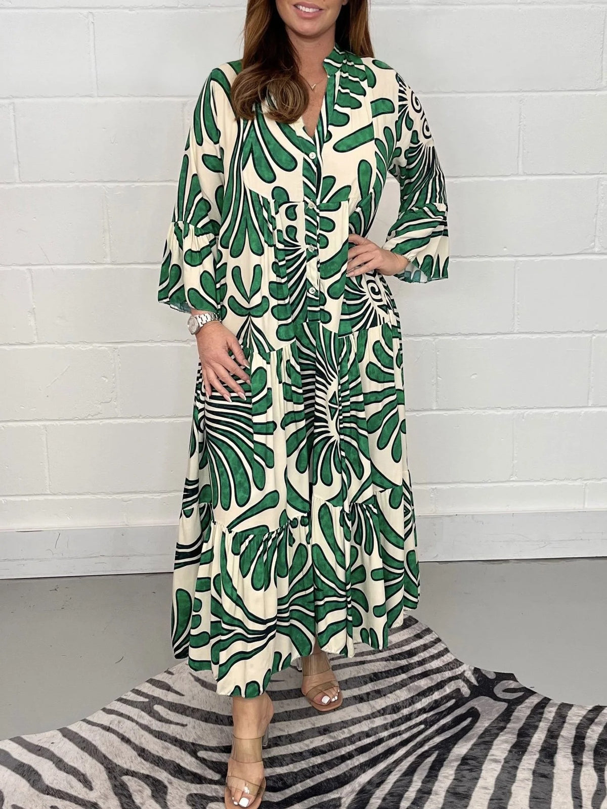 Geometric Shawl Collar Half Sleeve Comfy Casual Midi Dress