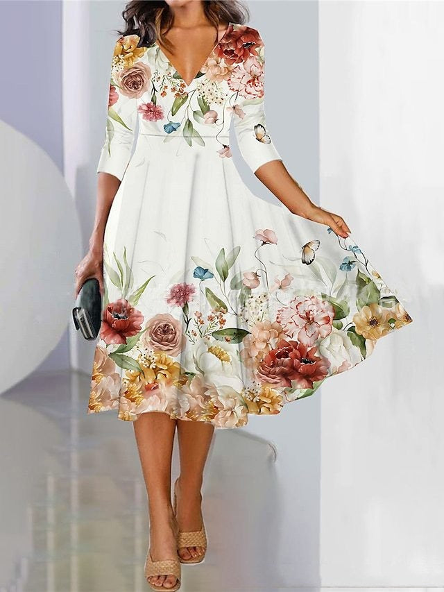 Floral V Neck Three Quarter Sleeve Comfy Casual Midi Dress