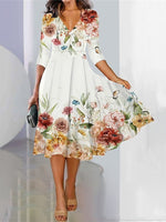 Floral V Neck Three Quarter Sleeve Comfy Casual Midi Dress