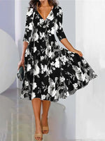 Floral V Neck Three Quarter Sleeve Comfy Casual Midi Dress