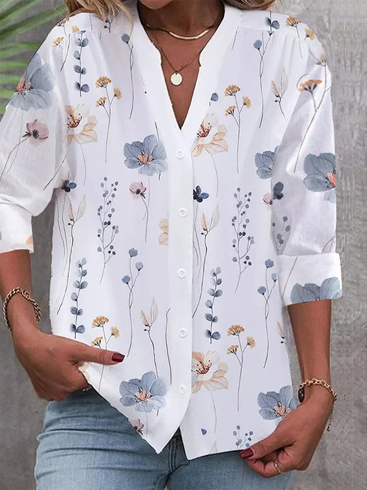 Floral Print V Neck Long Sleeve Buttoned Lightweight Blouse