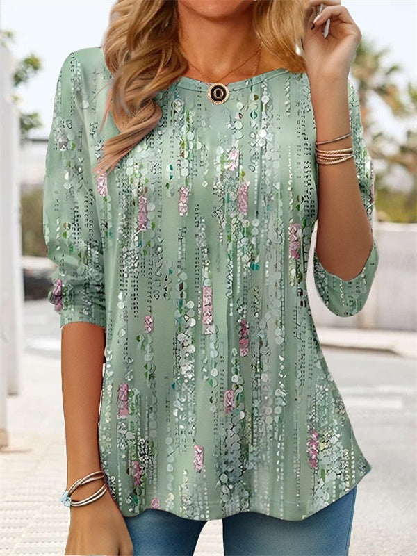 Floral Print Casual Crew Neck Long Sleeve Blouse