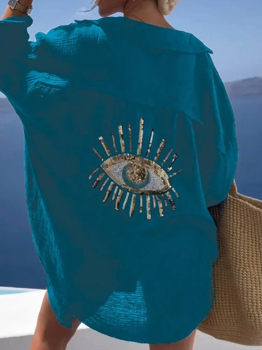 Abstract Shirt Collar Long Sleeve Comfy Blouse