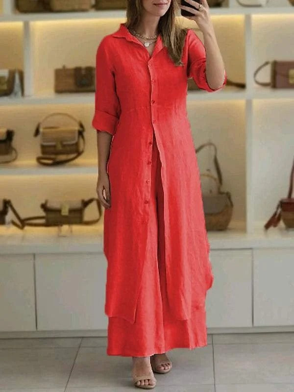 Plain Shawl Collar Long Sleeve Comfy Casual Top With Pants Two-Piece Set