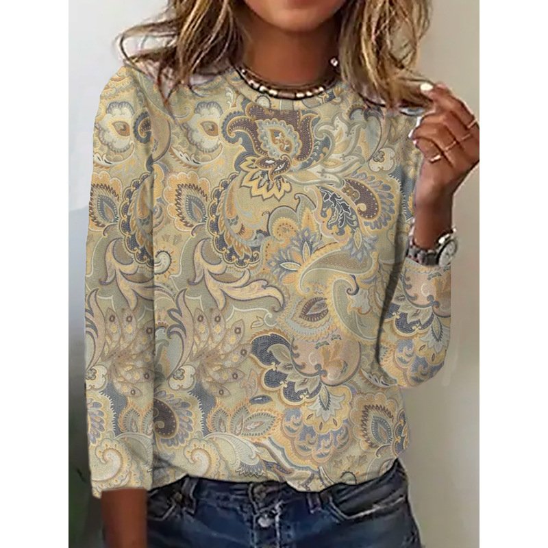 Ethnic Lace Crew Neck Long Sleeve Comfy Blouse