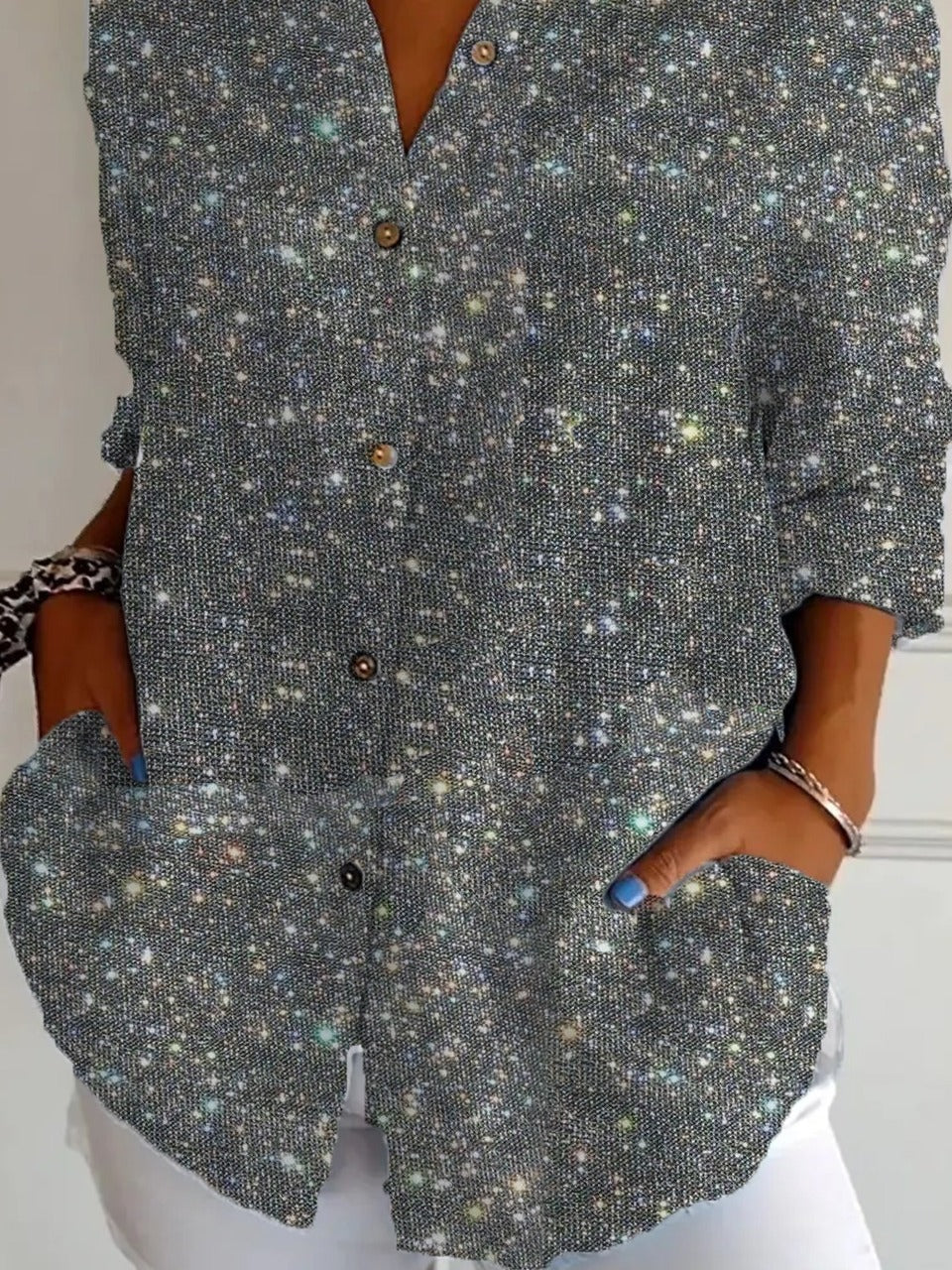 Geometric Sequins Shirt Collar Long Sleeve Loose Shirt