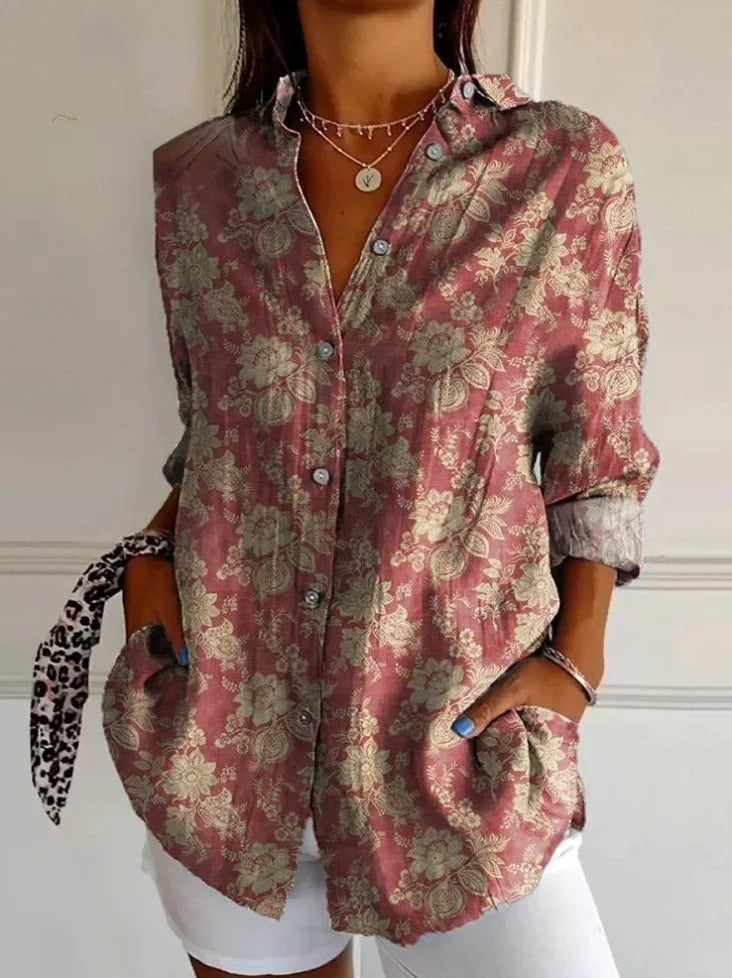 Floral Print Shirt Collar Long Sleeve Loose Shirt