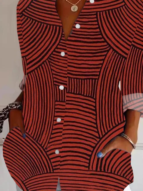 Geometric Stripes Shirt Collar Long Sleeve Lightweight Regular Fit Shirt
