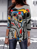 Abstract Face Print Long Sleeve Crew Neck Casual Blouse