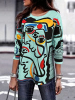 Abstract Face Print Long Sleeve Crew Neck Casual Blouse